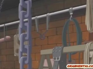 Chained anime brunette gets dildoed pussy and hot sucking stiff dick