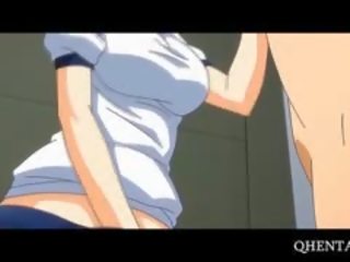 Pink haired anime school gurjak eats sik on knees